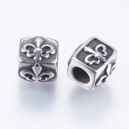 Бусина металлическая, 8х7.7х7.5мм, прямоугольная трубочка, с королевскими лилиями, базовый материал - нержавеющая сталь, без покрытия с чернением, 1 шт.