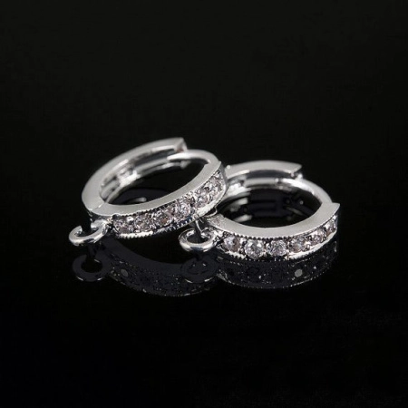 Швензы закрытые, 14х2.3мм, Корея, кольца с петелькой, с английским замком, с фианитами, базовый материал - латунь, под родий, пара