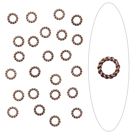 Соединительное колечко, 6мм (толщина 1.0мм, внутренний размер 4мм), витое, неразъемное, базовый материал - латунь, медное с чернением, 1 грамм