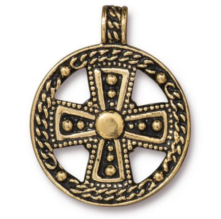 Подвеска, 30х24мм, TierraCast, Крест с пупырышками, базовый материал - оловянный сплав, позолоченный с чернением, 1 шт.