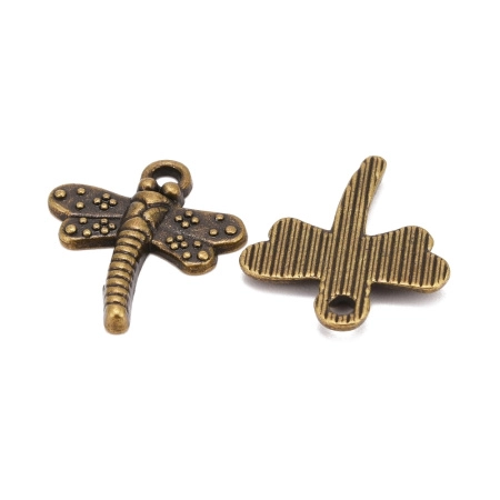 Подвеска, 18х15мм, стрекоза с узором на крыльях, базовый материал - цинковый сплав, бронзовая, 1 шт.