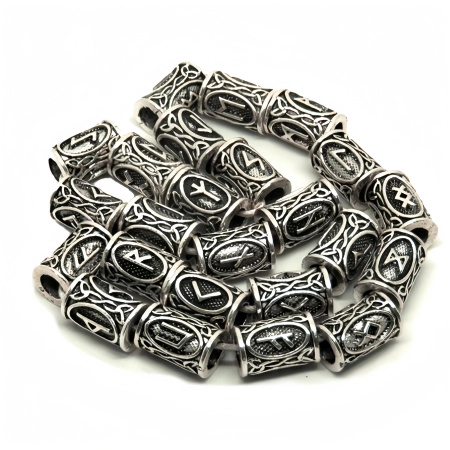 <p>Металлические бусины - трубочки с изображением скандинавских рун. В комплекте 24 уникальных бусины, полный Старший футарк. Сделаны из металлического сплава с покрытием под серебро с чернением. Отверстие около 5.5 мм. Оттенок может отличаться от фотографии и в разных поставках. Цена за 1 набор.</p>