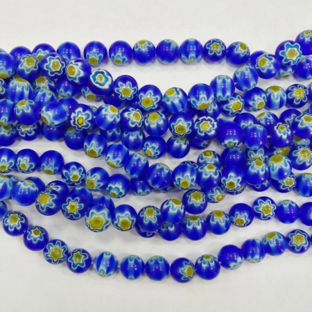 Бусины миллефиори, 8мм, синие с бело-желтыми цветами, 45 шт., низка