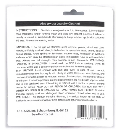 <p>Жидкость Instant Tarnish Remover для моментальной очистки от потемнения изделий из серебра, золота, меди, латуни. Также подходит для посеребренных/позолоченных вещей, но воздействие должно быть очень краткосрочным, чтобы покрытие не разъелось. Цвет жидкости в разных партиях может варьироваться от почти прозрачного до ярко-розового. 
Инструкция в полном описании. Цена за 1 баночку 118 мл.</p><p>УЦЕНКА: во время транспортировки жидкость немного просочилась, видны высохшие следы подтеков на упаковке и под крышкой; визуально жидкости в баночке столько, сколько и должно быть.</p>