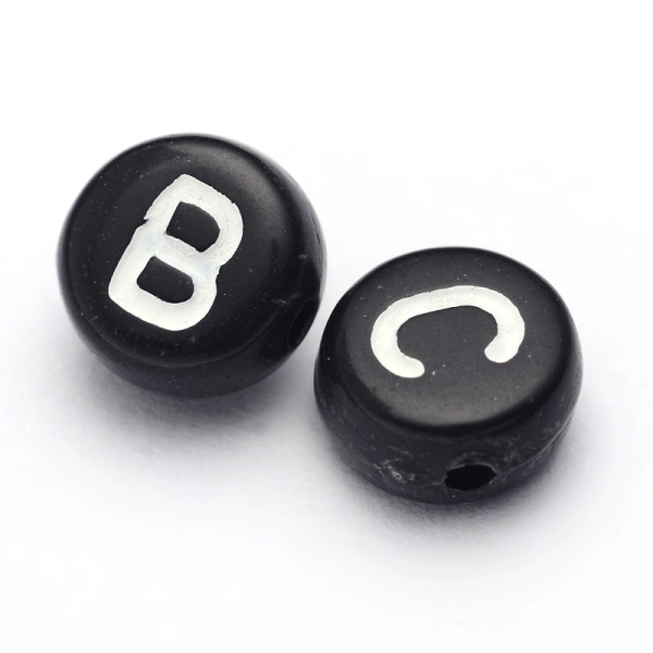 <p>
Бюджетные бусины-буквы из акрила черного цвета. Круглые бусины-подушечки 7*4 мм, диаметр отверстия - около 1 мм. Цена за набор из 10 грамм (около 75 случайных букв английского алфавита).
</p>
