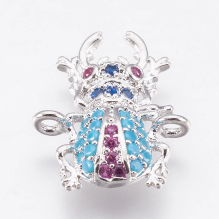 Коннектор, 17х13.5х3мм, Milano, насекомое, Жук-олень, с разноцветными фианитами, базовый материал - латунь, под родий, 1 шт.