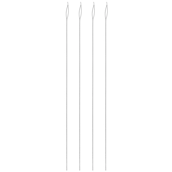 <p>Набор из 4 гибких тонких игл с большим складывающимся ушком. Сделаны из нержавеющей стали. Толщина иглы - около 0.3 мм, длина около 6.4 см. Произведены в Индии американской компанией Beadalon. Цена за 1 набор.</p>