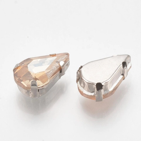 Стразы стеклянные в оправе, 13х8мм, пришивной, форма удлиненная капля, кремовый, оправа стального цвета, 5 грамм