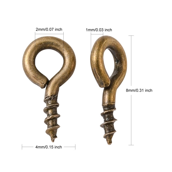 <p>Штифт вкручивающийся,покрытие бронзового цвета. Общая длина 8.5 мм, диаметр петельки 4 мм, внутренний диаметр петельки 2 мм, толщина вкручиваемой части 1 мм. Оттенок может отличаться от фотографии и в разных поставках. Цена за 5 грамм (около 65 штук, фасуются без проверки на дефекты).</p>