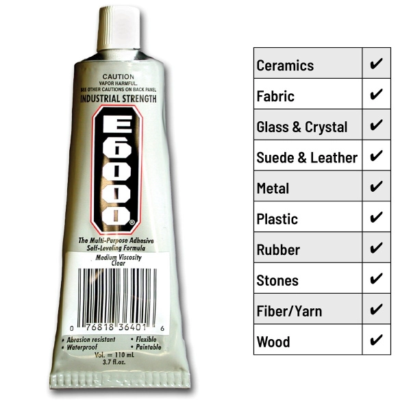 <p>
Универсальный прозрачный клей Е6000. Клей оригинальный, произведен в США. Подходит для ткани, металла, дерева, стекла, керамики и других материалов в любом сочетании. Клей довольно густой, удобен в работе при создании бижутерии. Дизайн упаковки может немного отличаться от фотографии и от партии к партии. Тюбик может быть помят. Цена за 1 тюбик 109.4 мл (3.7 fl. oz.).
</p>