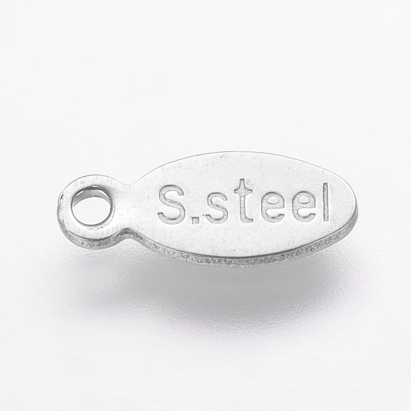 Подвеска, 10х4х0.8мм, овал с надписью S.steel, базовый материал - нержавеющая сталь, без покрытия, 20 шт. <p>Не темнеющая фурнитура. Плоская двусторонняя подвеска - овал из нержавеющей гипоаллергенной стали (марка 201: используется в пищевой промышленности, не окисляется, не темнеет, не облезает). С одной стороны подвеска гладкая, подходит для штампинга и гравировки. С другой стороны имеется надпись S.steel (нержавеющая сталь). Эти миниатюрные подвески отлично подойдут в качестве декоративных концевиков для удлиняющих цепочек из нержавейки. Оттенок может отличаться от фотографии и в разных поставках. На поверхности возможны царапинки. Цена за 20 шт.</p>