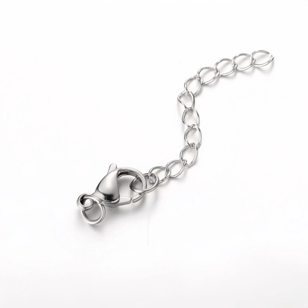 Застежка-карабин 15х9мм с удлиняющей цепочкой и соединительными колечками, базовый материал - нержавеющая сталь, без покрытия, 2 шт.