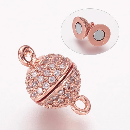 Застежка магнитная, 13х8.5мм, Milano, шарик, с фианитами, базовый материал - латунь, под розовое золото, 1 шт.