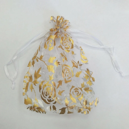 Мешочек из органзы, 15х11см, бело-золотой с розами и белой ленточкой, 1 шт.