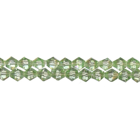 Бусины стеклянные, 6мм, граненые, биконусы, светло-зеленые с радужным покрытием, 50 шт., низка Бусины стеклянные, 6мм, граненые, биконусы, светло-зеленые с радужным покрытием, 50 шт., низка