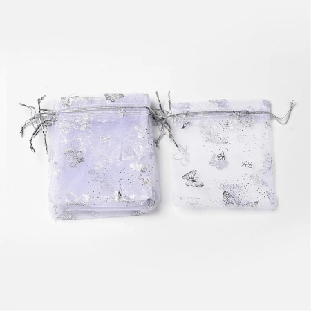 Мешочек из органзы, 12х10см, бело-серебристый с бабочками и серебристым шнурком, 10 шт.