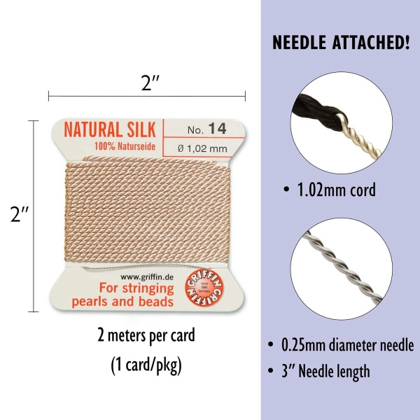 <p>Очень толстая и прочная нить из высококачественного натурального 100% шелка, произведена компанией Griffin (Германия). К нити прикреплена проволочная иголочка. Идеально подходит для использования с жемчугом и натуральными камнями. Толщина около 1,02 мм. Цена за моток 2 метра.</p>