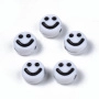 <p>Бюджетные плоские двусторонние бусины из акрила белого цвета с чёрными смайликами (улыбающимися рожицами). Круглые бусины-подушечки размером примерно 7*4 мм, диаметр отверстия - около 1.1 мм. Отлично сочетаются с бусинами-буквами, подходят для создания браслетов, чокеров, брошей, тегов. Оттенок может отличаться от фотографии и в разных поставках. Цена за упаковку 50 грамм (около 430 бусин).</p>