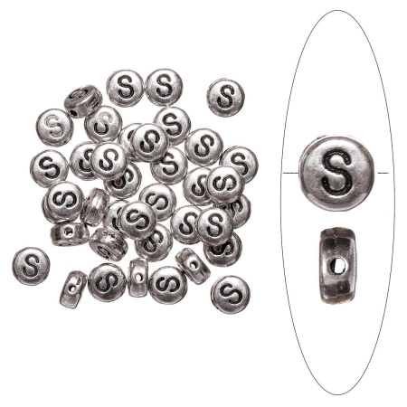 Бусина металлическая, 7х4мм, буква S, базовый материал - цинковый сплав, серебристая с чернением, 10 шт.