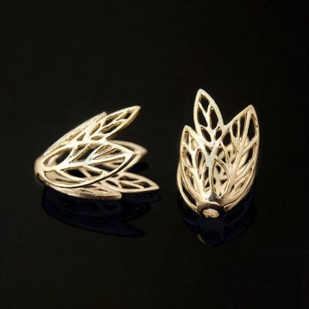 Конус, 14х9мм (внутренний размер 14х7мм), Корея, листики, плоский, базовый материал - латунь, матовый позолоченный, 1 шт.