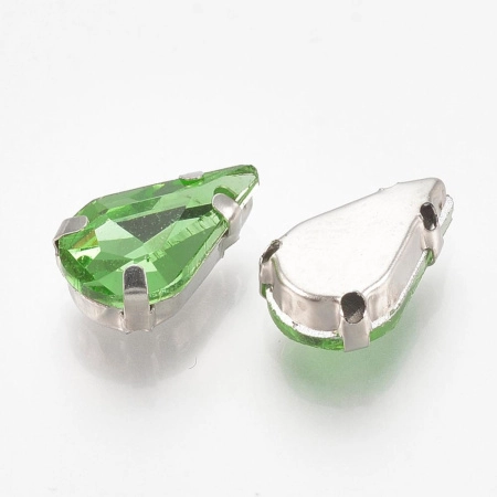 Страз стеклянный в оправе, 13х8мм, пришивной, форма удлиненная капля, светло-зеленый, оправа стального цвета, 5 грамм
