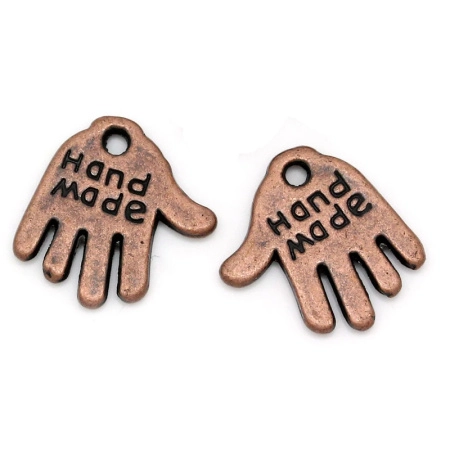 Подвеска, 13х12мм, ладошка hand made, базовый материал - цинковый сплав, медная с чернением, 1 шт.