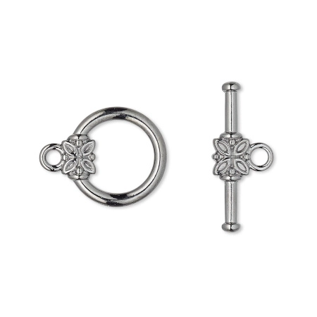 Застежка, 16х14мм, тогл, с растительным орнаментом, базовый материал - цинковый сплав, вороненая сталь, 1 шт.