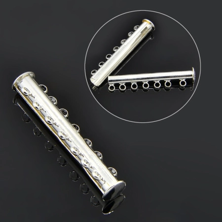 Застежка, 40х10мм, магнитная трубочка-слайдер на семь нитей, базовый материал - латунь, под серебро, 1 шт.