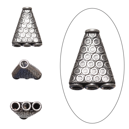 Соединитель-переходник, 21х16х5.5мм, Индия, треугольный, в горошек, с тремя отверстиями, базовый материал - латунь, посеребренный с чернением, 2 шт., УЦЕНКА