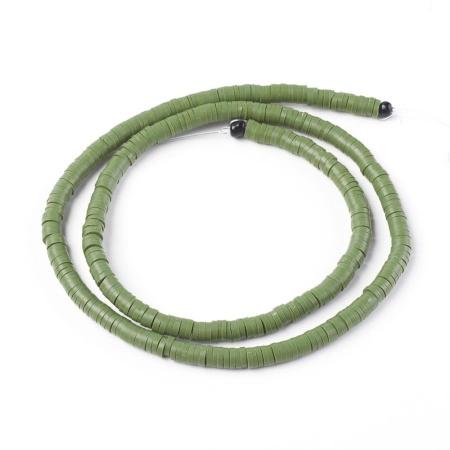 <p>Плоские круглые бусины - чипсы (диски, рондели heishi) ручной работы из полимерной глины (пластики). Бусины могут немного отличаться по форме и размеру. Оттенок может отличаться от фотографии. Цвет: оливково-зеленый (хаки). Бусины довольно мягкие, гибкие, напоминают каучук. Цена за низку длиной около 43 см, около 350-400 бусин.</p>