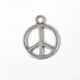 <p>Двусторонняя подвеска из тибетского серебра в форме пацифистского знака (peace symbol). На фотографии показана лицевая и тыльная стороны. На подвесках данной партии возможны небольшие неровности на покрытии, пятнышки. Базовый материал - бижутерный металлический сплав, покрытие серебристое с чернением. Оттенок может отличаться от фотографии и в разных поставках. Цена за 10 шт.</p>