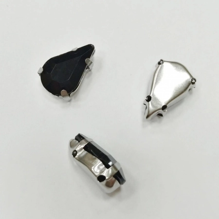 Стразы стеклянные в оправе, 13х8мм, пришивной, форма удлиненная капля, непрозрачный черный, оправа стального цвета, 5 грамм