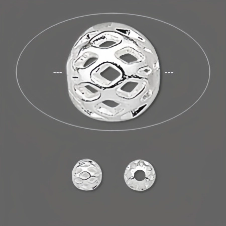 <p>Резная (ажурная) металлическая бусина. Размер 6 мм. Диаметр отверстия около 2,1 мм. Базовый материал латунь, сверху серебряное покрытие 925 пробы (гальваническое напыление). Оттенок может отличаться от фотографии и в разных поставках. Цена за 10 шт.</p>