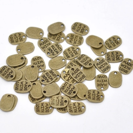 Подвеска, 11х8мм, тег Made with love (сделано с любовью), базовый материал - цинковый сплав, бронзовый, 50 шт.