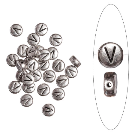 Бусина металлическая, 7х4мм, буква V, базовый материал - цинковый сплав, серебристая с чернением, 10 шт.