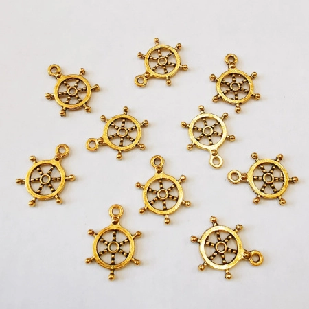 Подвеска, 21х15.5мм, штурвал, базовый материал - цинковый сплав, золотистый с чернением, 20 шт.