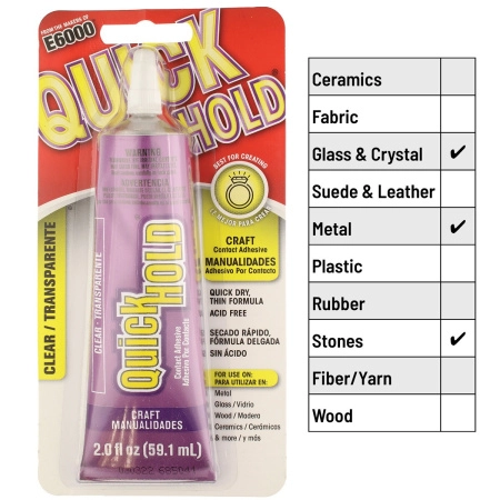 <p>
Универсальный прозрачный клей Quick Hold от производителя клея Е6000. Клей оригинальный, произведен в США. Подходит для металла, дерева, стекла, керамики и других материалов в любом сочетании. Клей быстро сохнет, влагостойкий, бескислотный, удобен в работе при создании бижутерии. Дизайн упаковки может немного отличаться от фотографии и от партии к партии. Цена за 1 тюбик 59.1 мл (2.0 fl. oz.).
</p>