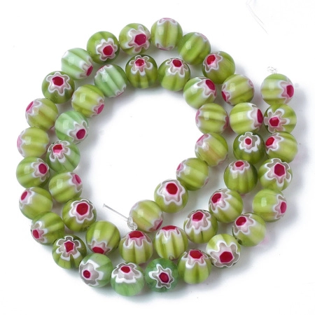 Бусины миллефиори, 8мм, светло-зеленые с красно-белыми цветами, 46 шт., низка