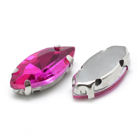 Стразы стеклянные в оправе, 12х6мм, пришивной, форма челнок, ярко-розовый, оправа стального цвета, 5 грамм