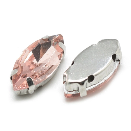 Стразы стеклянные в оправе, 12х6мм, пришивной, форма челнок, персиково-розовый, оправа стального цвета, 5 грамм