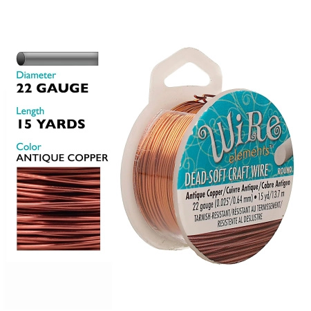 <p>Качественная не темнеющая медная проволока для создания украшений и других видов рукоделия. Марка Wire elements (ребрендинг марки Craft Wire pro-quality), цвет античная медь (Antique copper Tarnish Resistant). Базовый материал - медь. Оттенок может отличаться от фотографии и в разных поставках. Толщина 22 gauge (около 0,644 мм). Намотка может состоять из нескольких частей. Цена за катушку 15 ярдов (около 13.7 метров). Произведена в Пакистане для американской компании Bead Smith.</p>