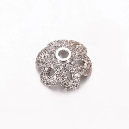 Шапочка для бусин (обниматель), 12х5мм, Milano, Цветочек с фианитами, базовый материал - латунь, под родий, 1 шт.
