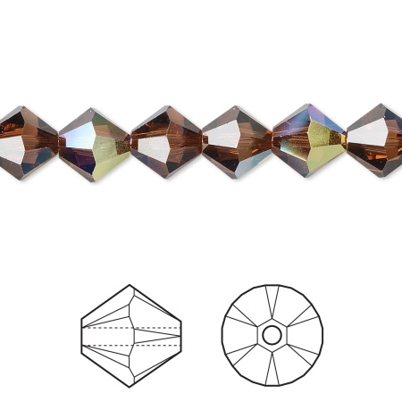 Бусина Swarovski, 8мм, Биконус (#5328), коричневый с AB (цвет 220AB), 1 шт.