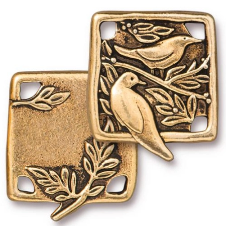 Коннектор, 21.2х18.5мм, TierraCast, Птицы на дереве, базовый материал - оловянный сплав, позолоченный с чернением, 1 шт.