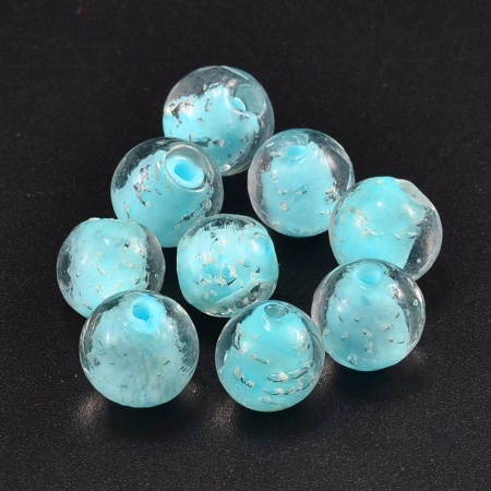 Бусина лэмпворк, 8мм, прозрачная с бирюзовой сердцевиной и белыми крапинками, светящаяся в темноте, 1 шт.