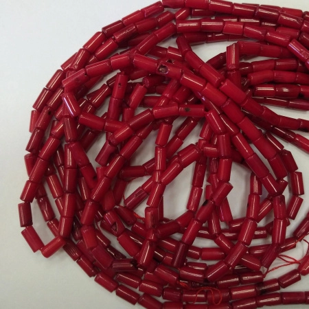 Бусины каменные, коралл, красный, 8х4мм, цилиндр, 45 шт., низка