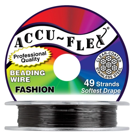 <p>Профессиональный ювелирный тросик Accu-Flex с нейлоновым покрытием. 49-жильный тросик премиум-класса. Благодаря большому количеству металлических струн внутри, этот тросик очень прочный и гибкий. Цвет черный. Оттенок может отличаться от фотографии и в разных поставках. Цена за катушку 30 футов (9.1 метра).</p>