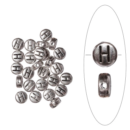Бусина металлическая, 7х4мм, буква H, базовый материал - цинковый сплав, серебристая с чернением, 10 шт.