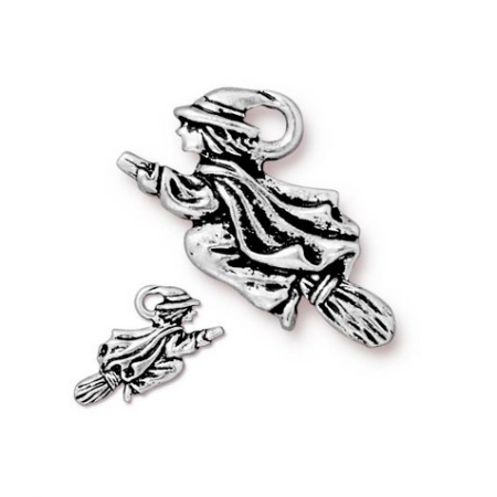 Подвеска, 23х19х3мм, TierraCast, ведьма на метле, базовый материал - оловянный сплав, посеребренная с чернением, 1 шт.