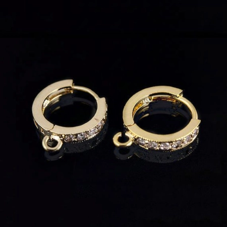 Швензы закрытые, 14х2.3мм, Корея, кольца с петелькой, с английским замком, с фианитами, базовый материал - латунь, позолоченные, пара
